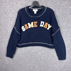 Jessica Simpson Sweater Game Day Cropped Small Navy Blue Cotton Blend Sporty